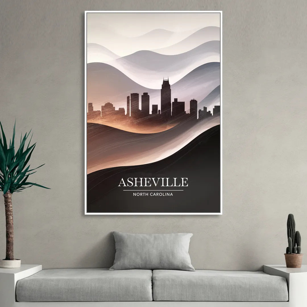 Asheville Skyline and Mountains Sitting Room - White Canvas Wall Art