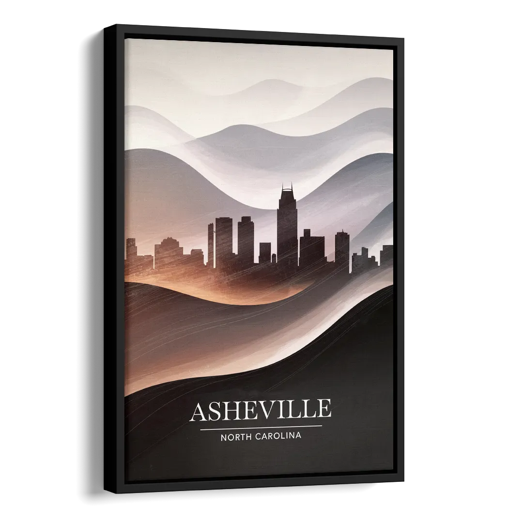 Asheville Skyline and Mountains Side - Black Canvas Wall Art