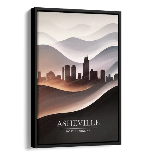 Asheville Skyline and Mountains Side - Black Canvas Wall Art