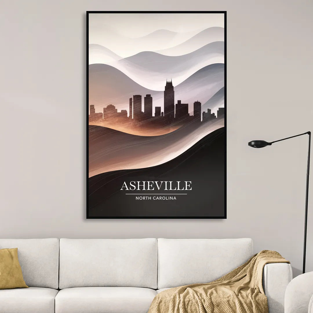 Asheville Skyline and Mountains Sitting Room - Black Canvas Wall Art