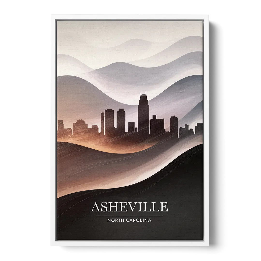 Asheville Skyline and Mountains Front - White Canvas Wall Art