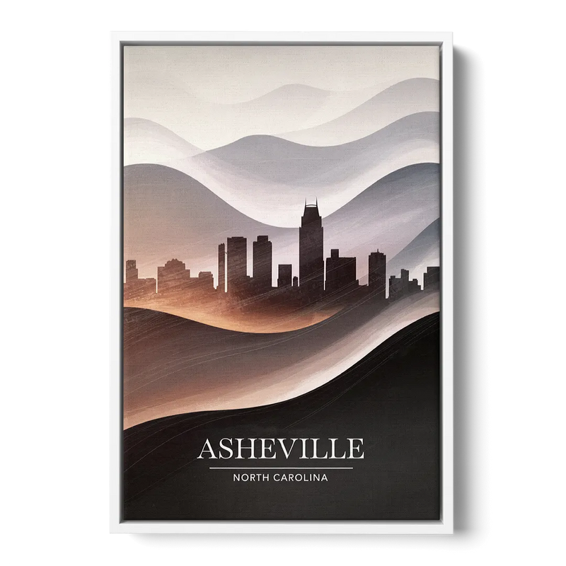 Asheville Skyline and Mountains Front - White Canvas Wall Art