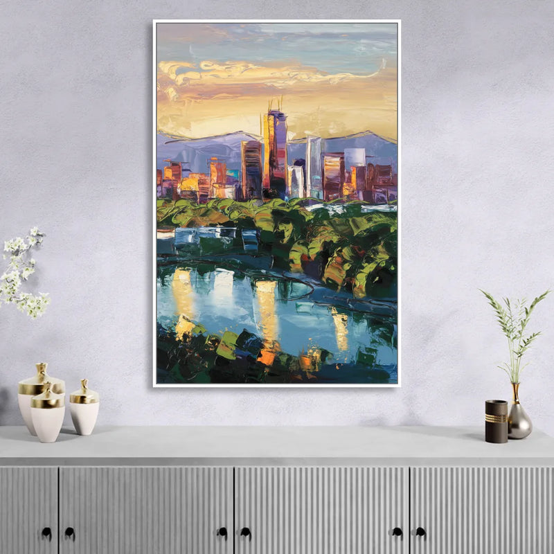 Ashland Skyline at Sunset Sitting Room - White Canvas Wall Art