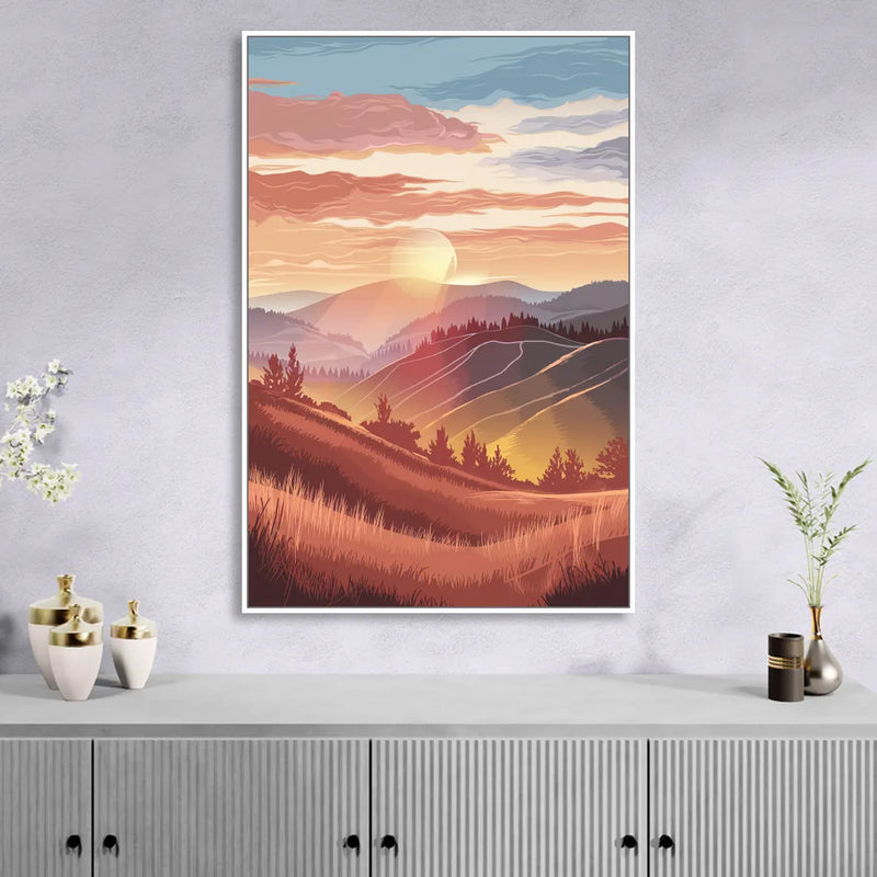Ashland Sunrise Over Hills Living Room - White Canvas Wall Art