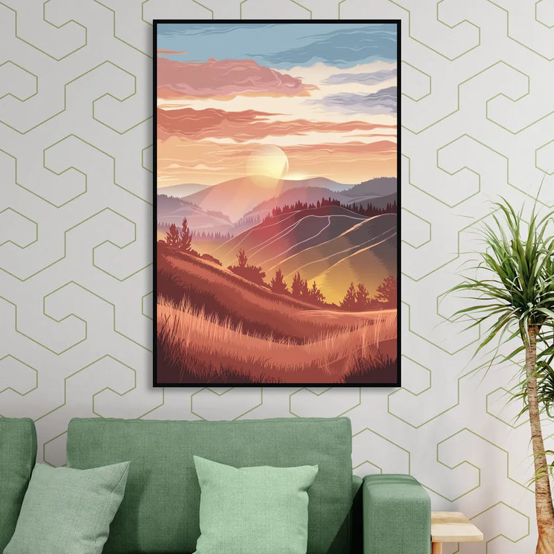 Ashland Sunrise Over Hills Sitting Room - Black Canvas Wall Art