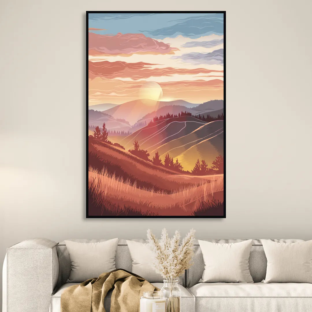 Ashland Sunrise Over Hills Living Room - Black Canvas Wall Art