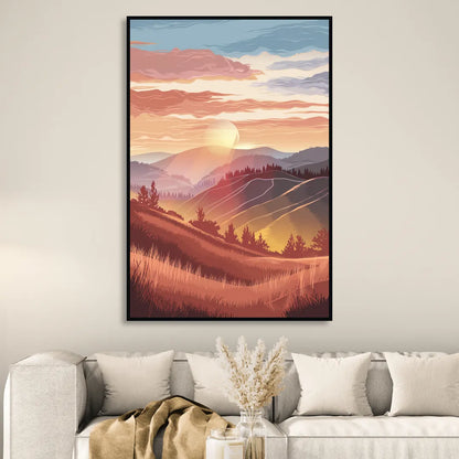 Ashland Sunrise Over Hills Living Room - Black Canvas Wall Art