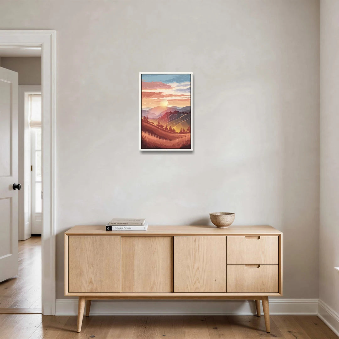 Ashland Sunrise Over Hills - White Framed Canvas Wall Art - Coffee Table - 16x24