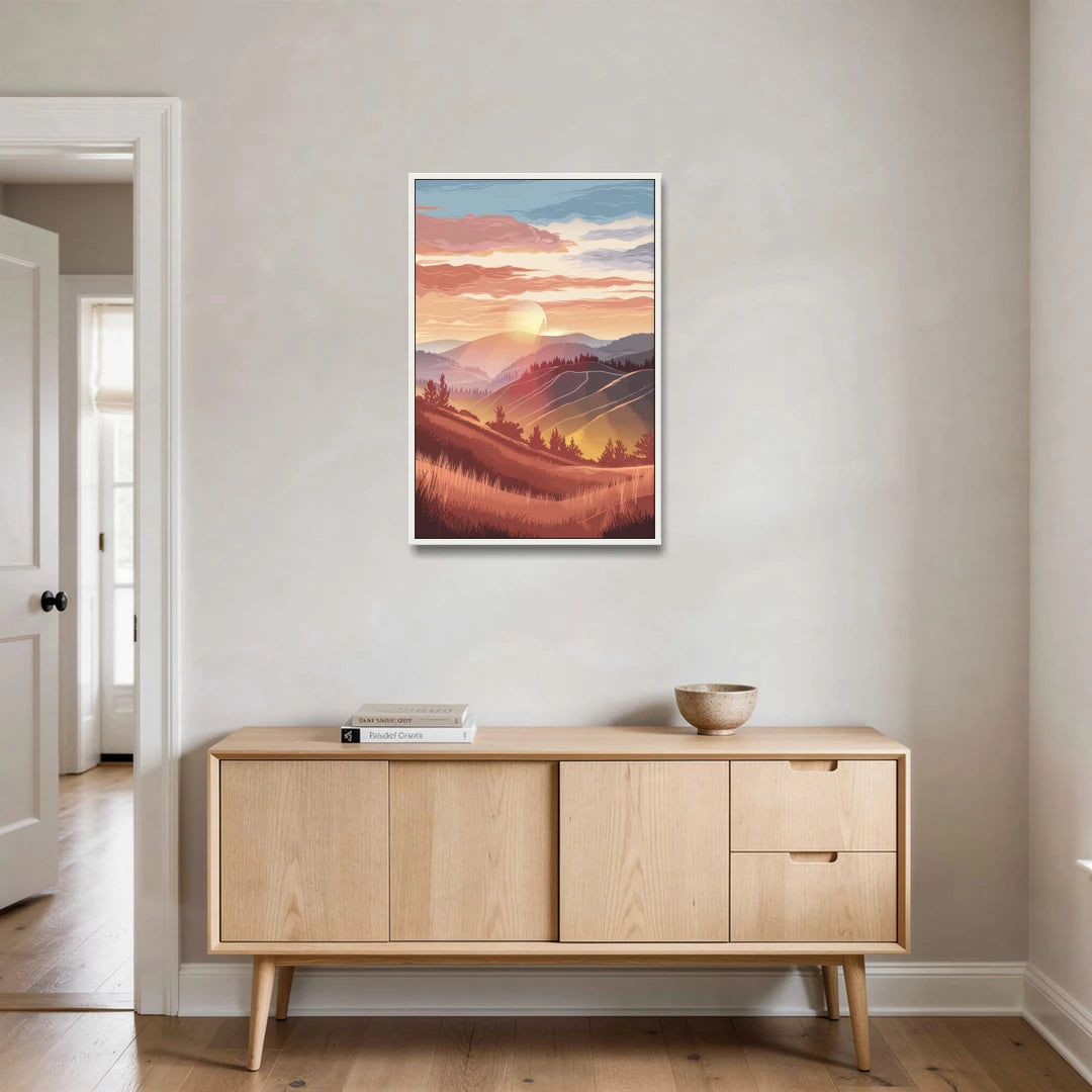 Ashland Sunrise Over Hills - White Framed Canvas Wall Art - Coffee Table - 24x36