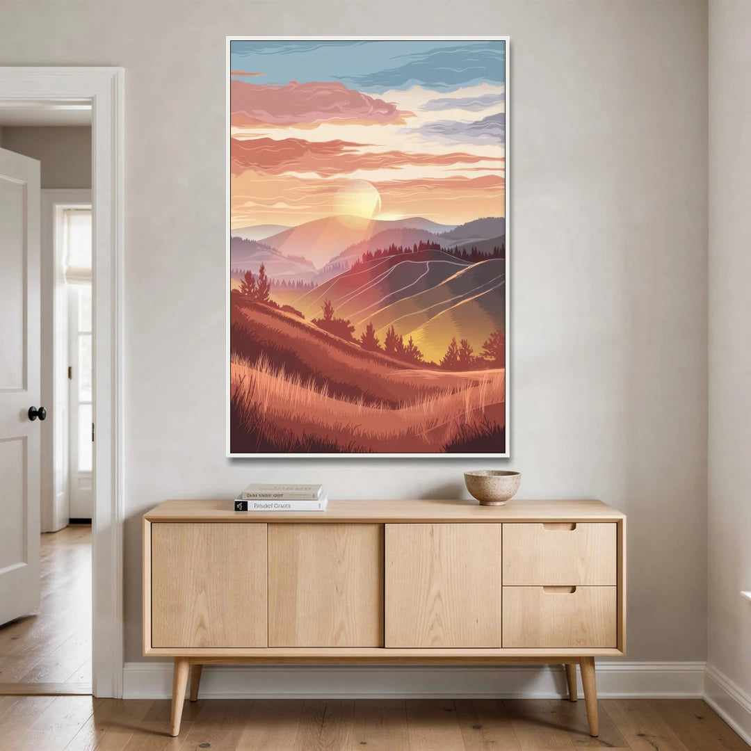 Ashland Sunrise Over Hills - White Framed Canvas Wall Art - Coffee Table - 40x60