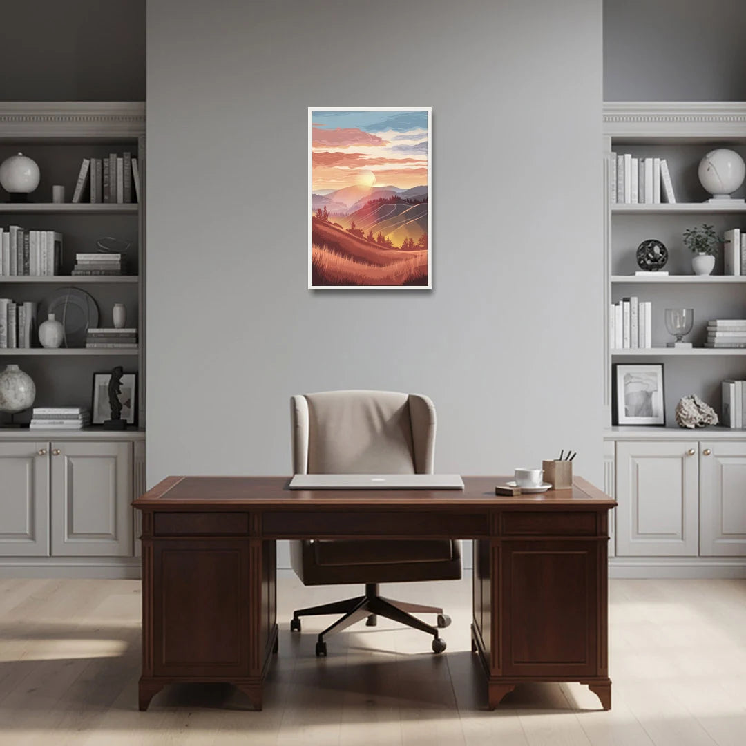 Ashland Sunrise Over Hills - White Framed Canvas Wall Art - Office - 20x30