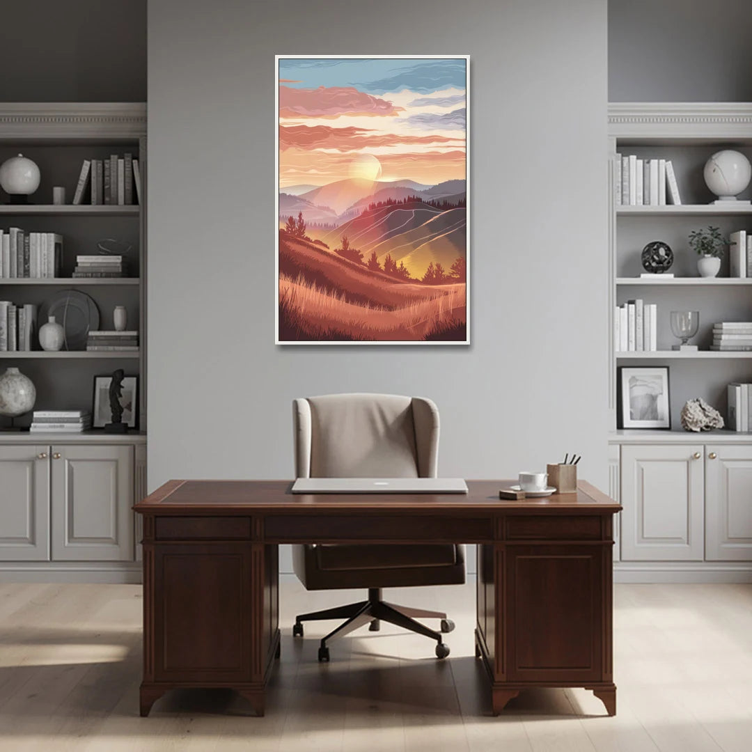 Ashland Sunrise Over Hills - White Framed Canvas Wall Art - Office - 32x48