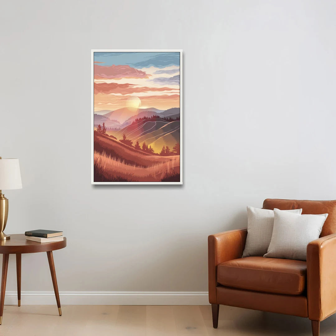 Ashland Sunrise Over Hills - White Framed Canvas Wall Art - Sofa - 24x36