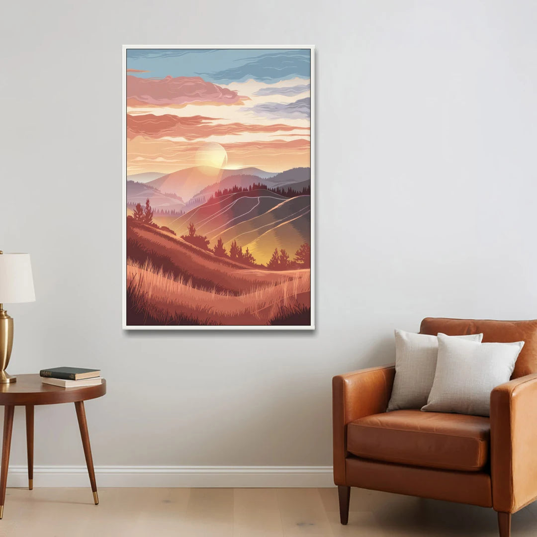 Ashland Sunrise Over Hills - White Framed Canvas Wall Art - Sofa - 32x48