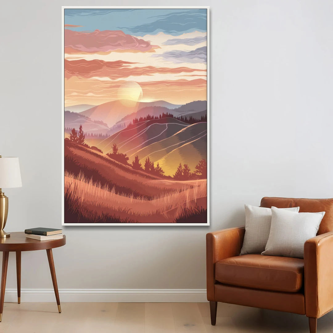 Ashland Sunrise Over Hills - White Framed Canvas Wall Art - Sofa - 40x60