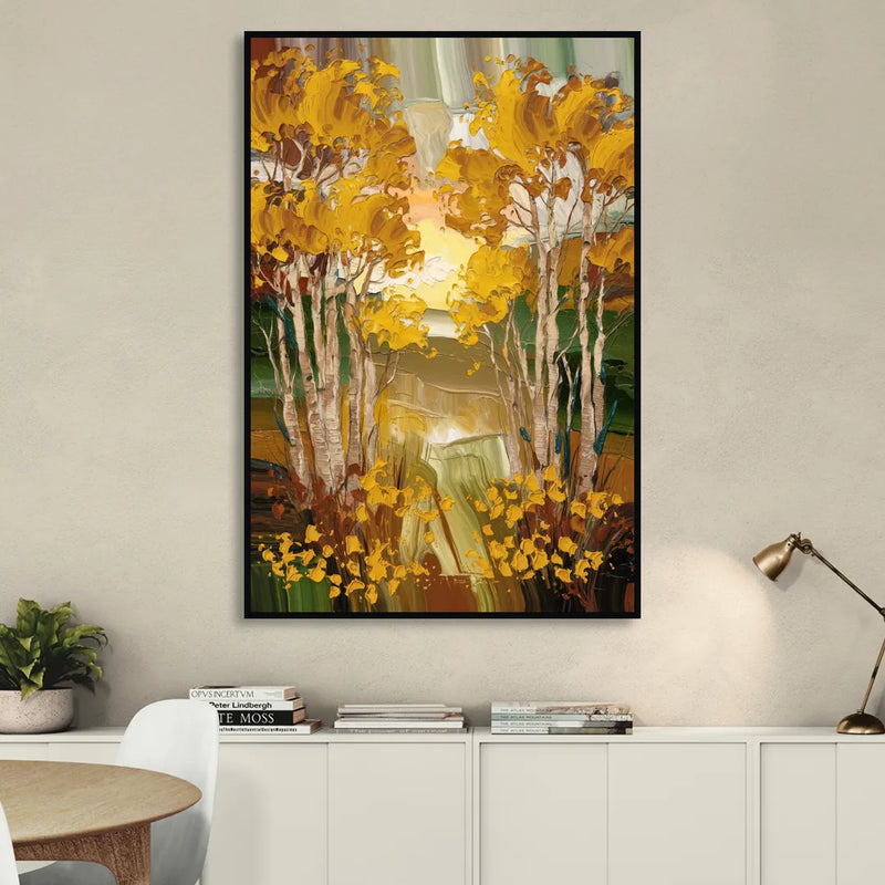 Aspen Golden Trees Living Room - Black Canvas Wall Art