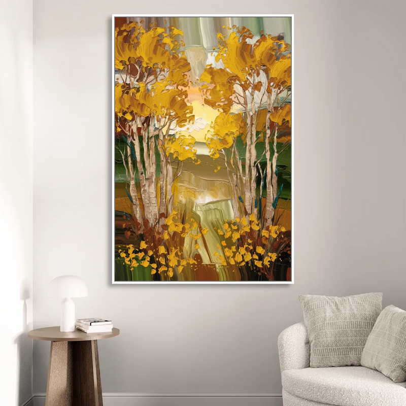 Aspen Golden Trees Living Room - White Canvas Wall Art