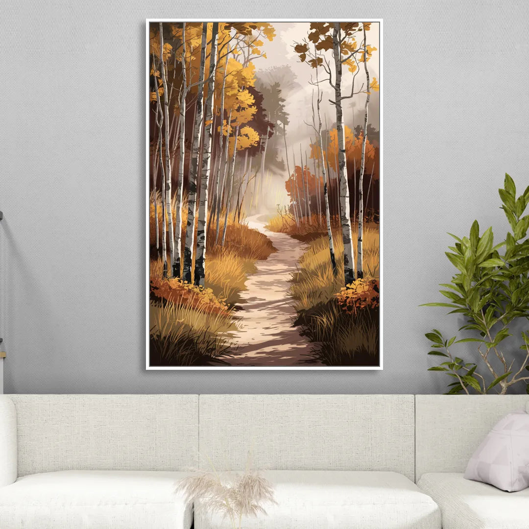 Aspen Serene Forest Path Living Room - White Canvas Wall Art