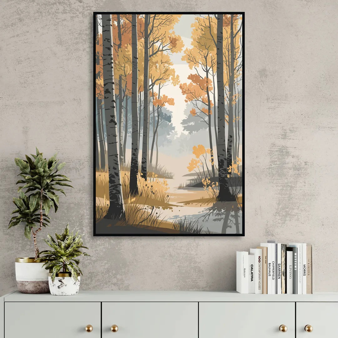 Aspen Tranquil Woodland Living Room - Black Canvas Wall Art