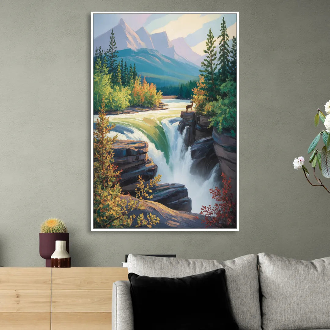 Athabasca Falls Majesty Living Room - White Canvas Wall Art