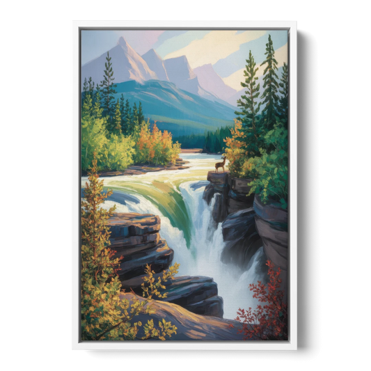 Athabasca Falls Majesty - White Framed Canvas Wall Art - Front