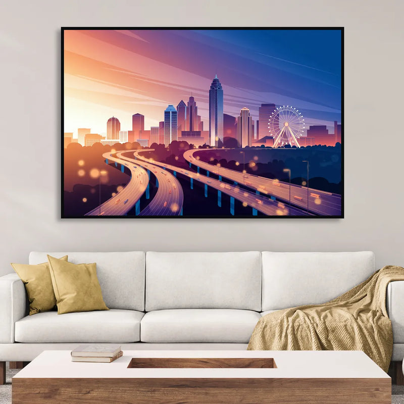Atlanta Aerial City View Sitting Room - Black Canvas Wall Art