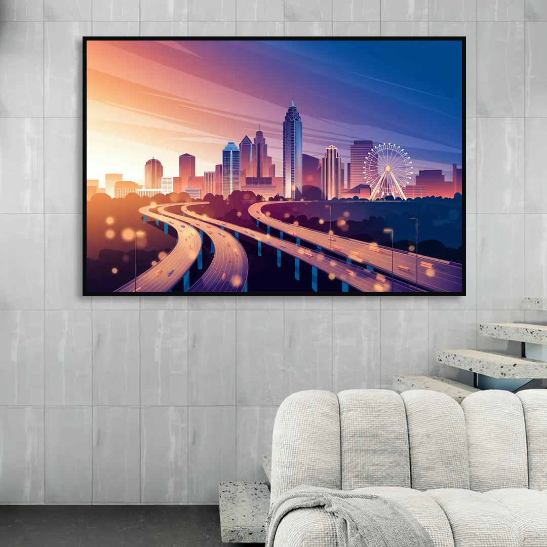 Atlanta Aerial City View Living Room - Black Canvas Wall Art