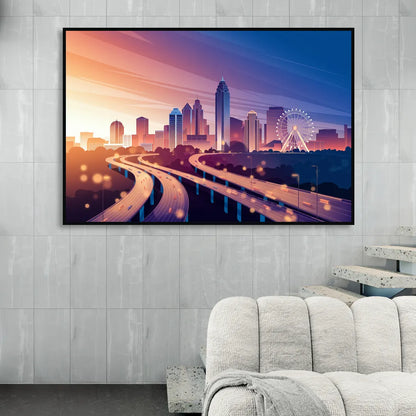 Atlanta Aerial City View Living Room - Black Canvas Wall Art
