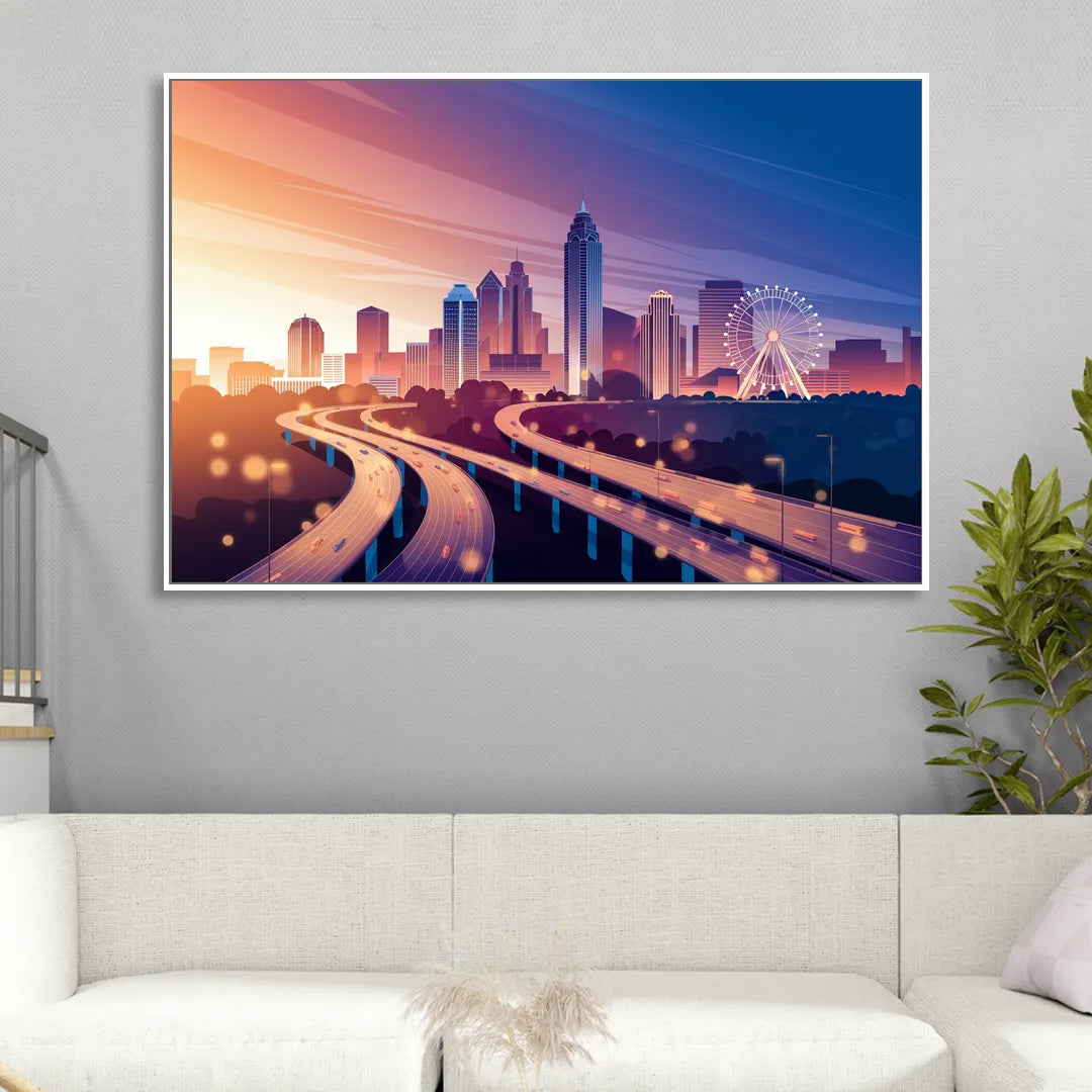 Atlanta Aerial City View Living Room - White Canvas Wall Art