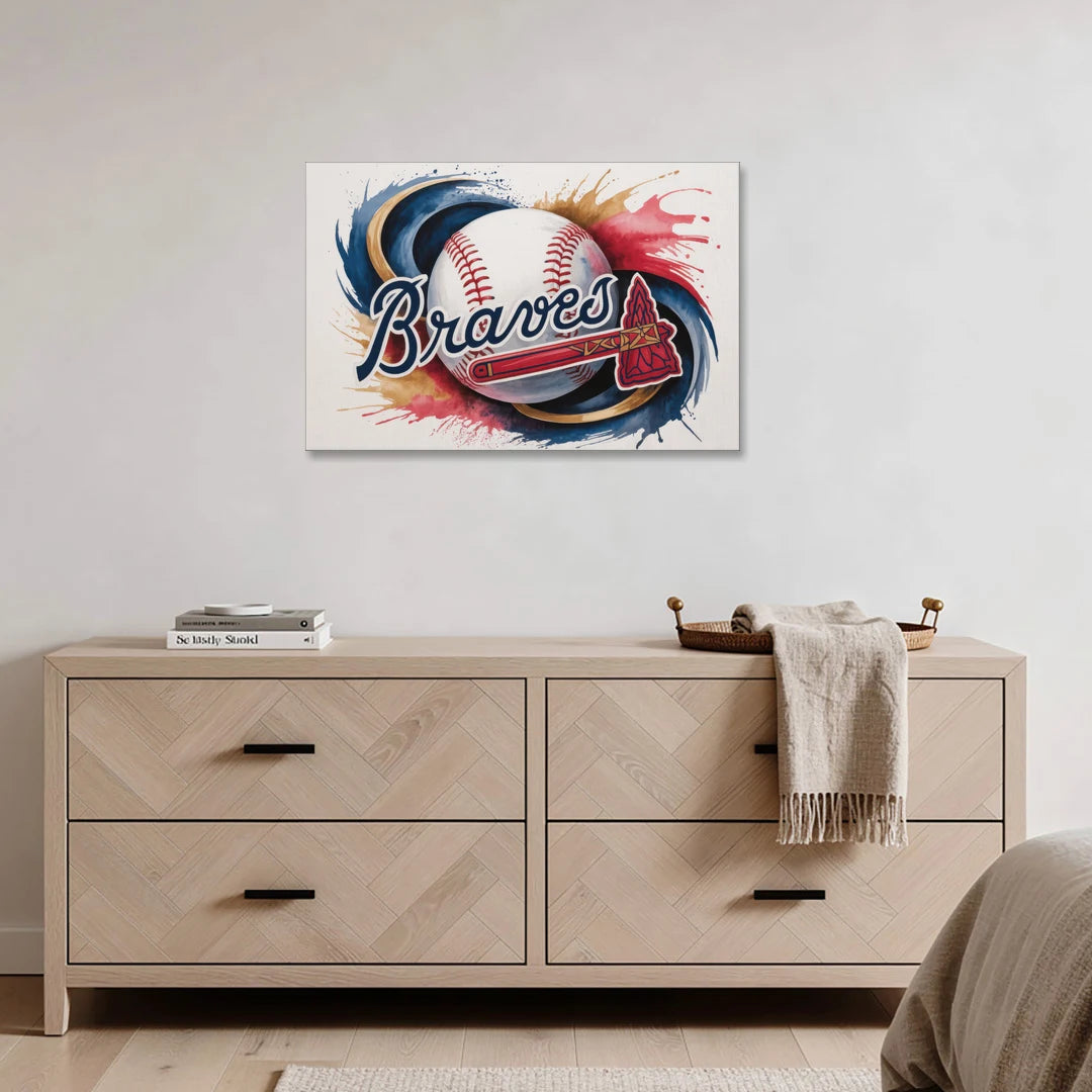 Atlanta Braves Abstract Watercolor Artwork with Iconic Motifs - Canvas Wall Art - Coffee Table - 36x24