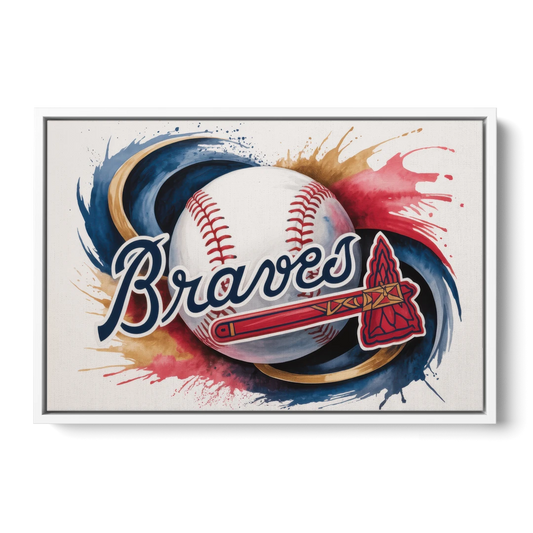Atlanta Braves Abstract Watercolor Artwork with Iconic Motifs - White Framed Canvas Wall Art - Front