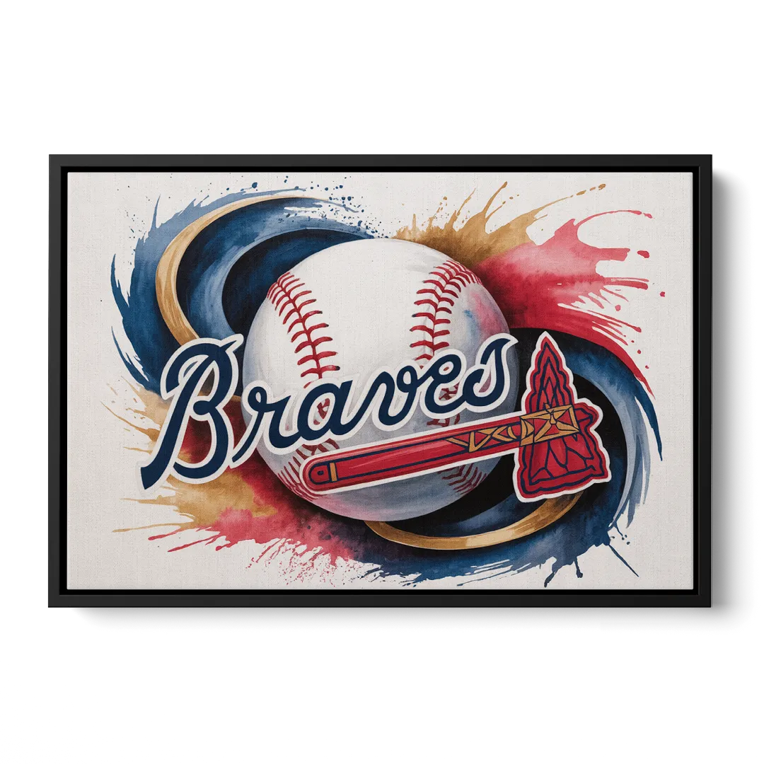 Atlanta Braves Abstract Watercolor Artwork with Iconic Motifs - Black Frame Canvas