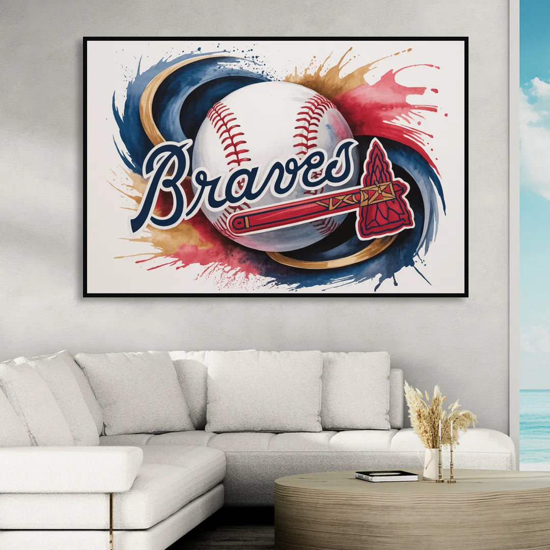 Atlanta Braves Abstract Watercolor Artwork with Iconic Motifs Living Room - Black Canvas Wall Art