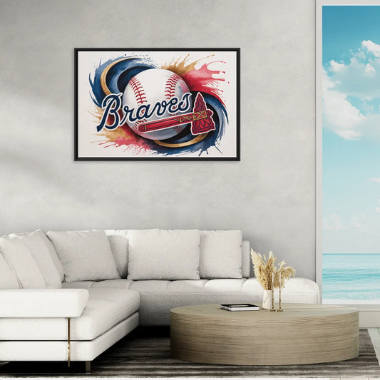 Atlanta Braves Abstract Watercolor Artwork with Iconic Motifs - Living Room Black Frame Canvas
