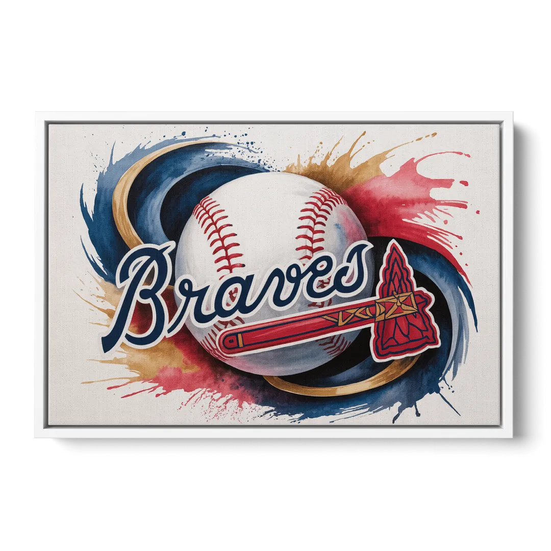 Atlanta Braves Abstract Watercolor Artwork with Iconic Motifs - White Frame Canvas