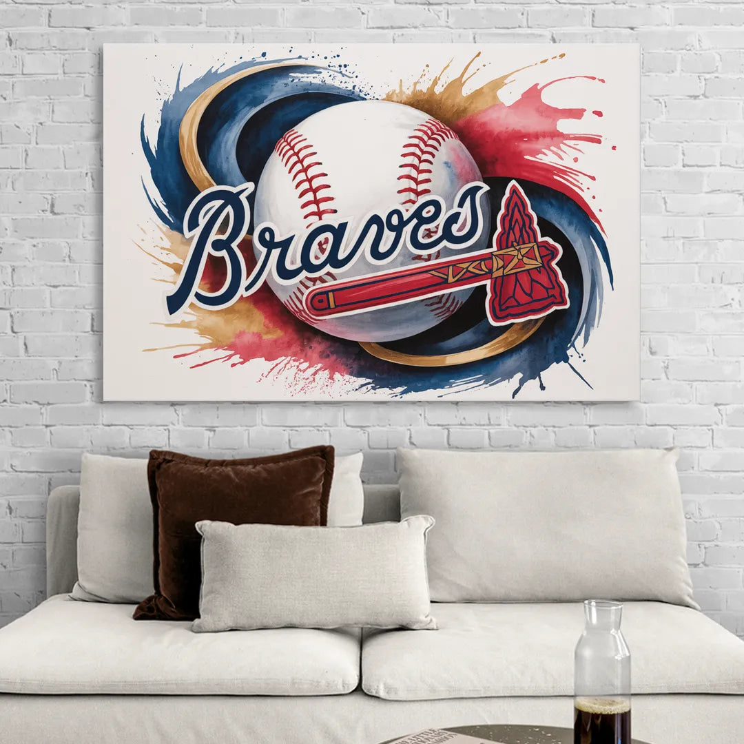 Atlanta Braves Abstract Watercolor Artwork with Iconic Motifs Sitting Room - Canvas Wall Art
