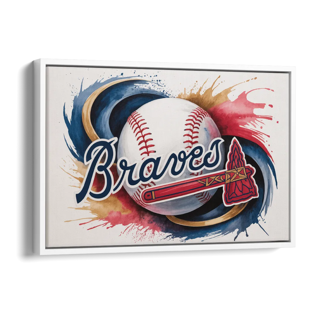 Atlanta Braves Abstract Watercolor Artwork with Iconic Motifs Side - White Canvas Wall Art