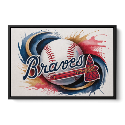 Atlanta Braves Abstract Watercolor Artwork with Iconic Motifs Front - Black Canvas Wall Art