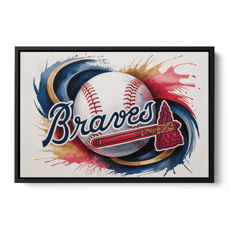 Atlanta Braves Abstract Watercolor Artwork with Iconic Motifs Front - Black Canvas Wall Art