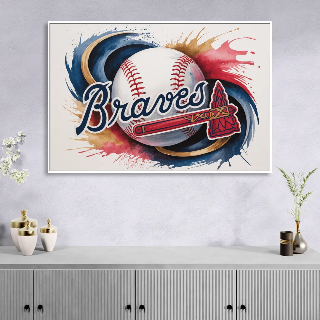 Atlanta Braves Abstract Watercolor Artwork with Iconic Motifs Sitting Room - White Canvas Wall Art