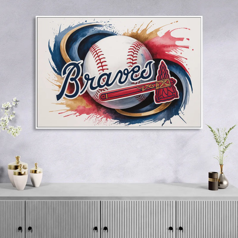 Atlanta Braves Abstract Watercolor Artwork with Iconic Motifs Sitting Room - White Canvas Wall Art