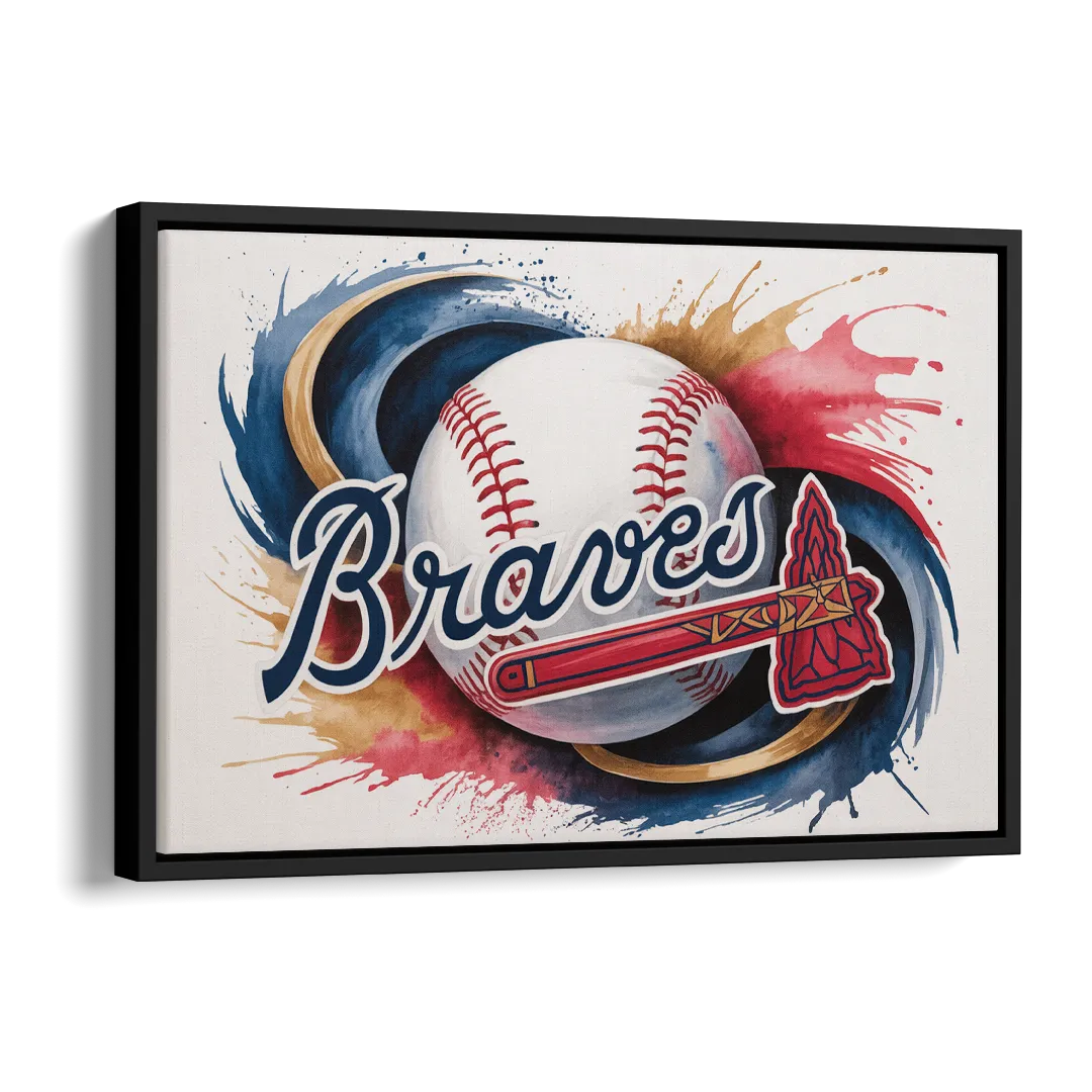 Atlanta Braves Abstract Watercolor Artwork with Iconic Motifs Side - Black Canvas Wall Art