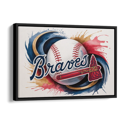 Atlanta Braves Abstract Watercolor Artwork with Iconic Motifs Side - Black Canvas Wall Art