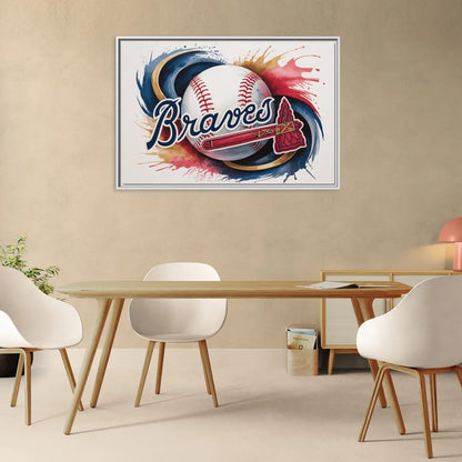 Atlanta Braves Abstract Watercolor Artwork with Iconic Motifs - Living Room White Frame Canvas