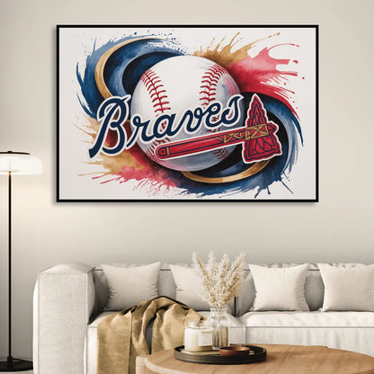 Atlanta Braves Abstract Watercolor Artwork with Iconic Motifs Sitting Room - Black Canvas Wall Art