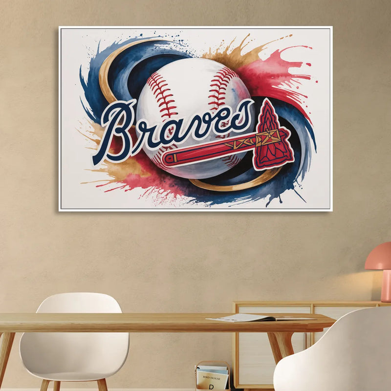 Atlanta Braves Abstract Watercolor Artwork with Iconic Motifs Living Room - White Canvas Wall Art