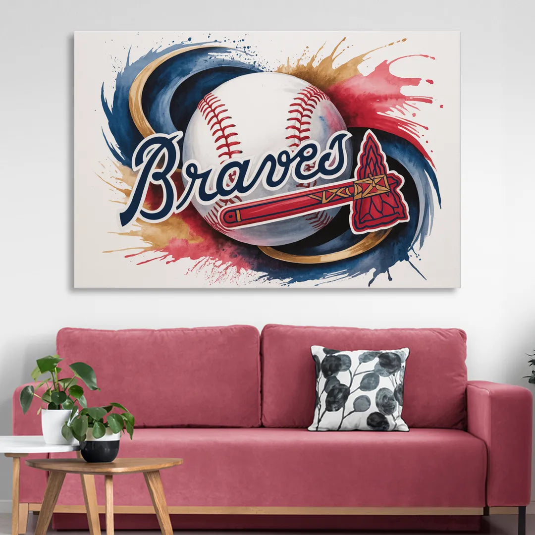 Atlanta Braves Abstract Watercolor Artwork with Iconic Motifs Living Room - Canvas Wall Art