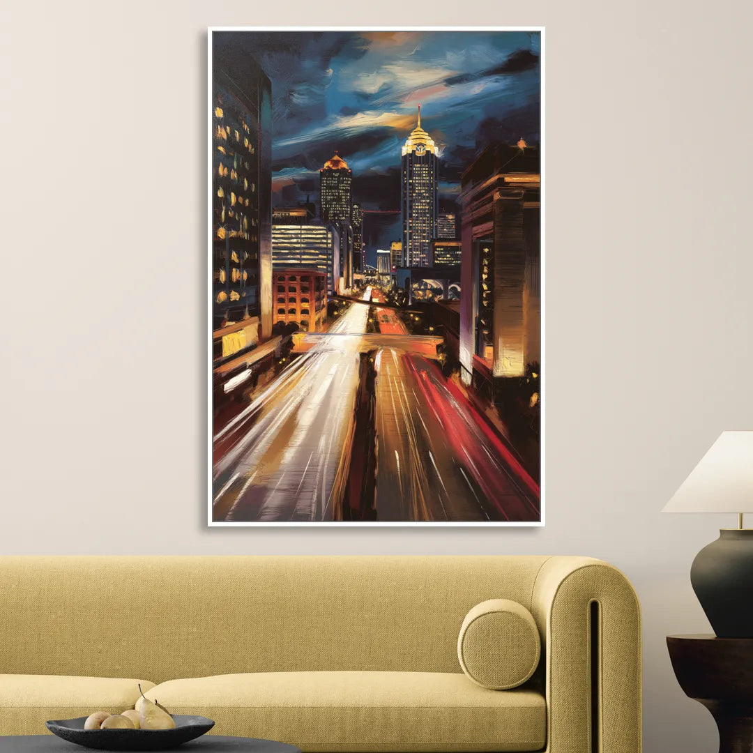 Atlanta Cityscape at Night Sitting Room - White Canvas Wall Art