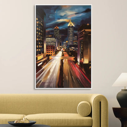 Atlanta Cityscape at Night Sitting Room - White Canvas Wall Art