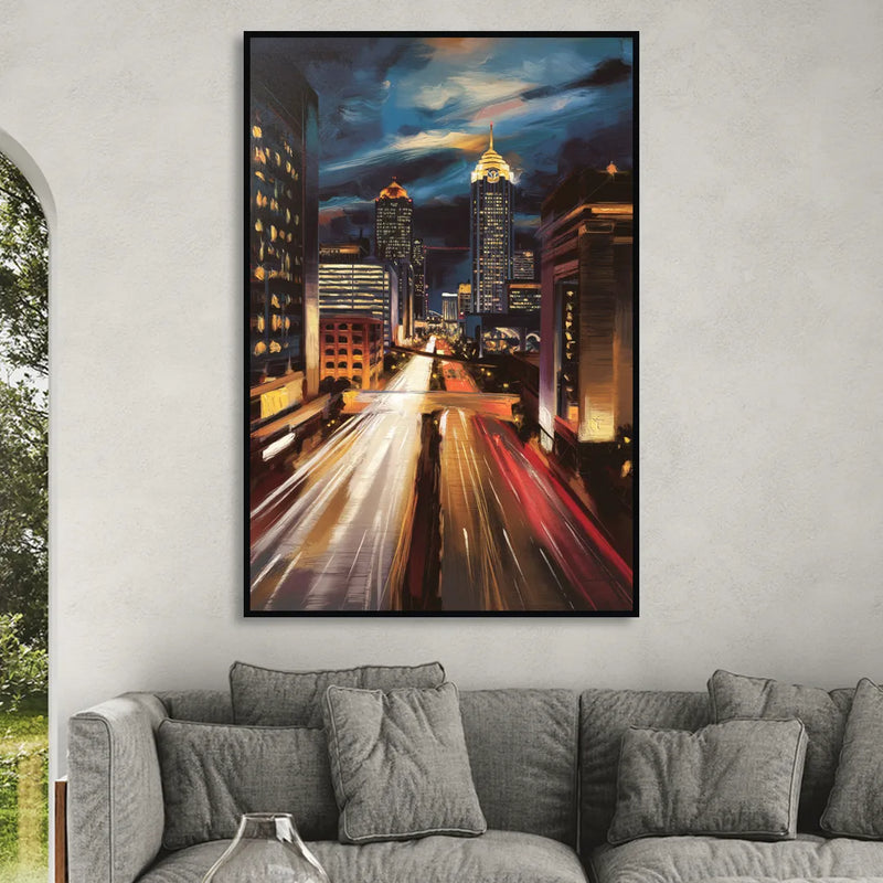 Atlanta Cityscape at Night Sitting Room - Black Canvas Wall Art